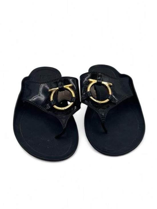 Salvatore Ferragamo Shoes - Salvatore Ferragamo Black Patent Leather Thong flip flop Sandals with Gold